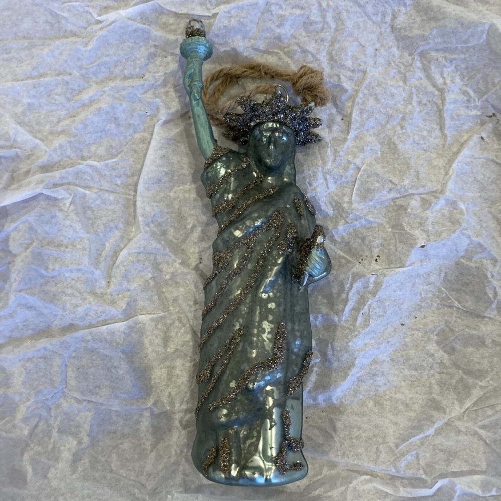 STATUE OF LIBERTY Blown Glass Christmas Ornament Green, Gold, Silver Glitter 6"